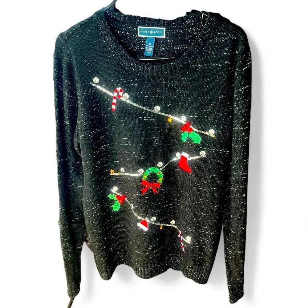 Karen Scott Metallic Black Christmas Sweater with Sparkle size XL